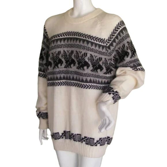 ALPACA Sweater, M/L, Off White with Grey & black Griffins, and geometric trim - Picture 4 of 11